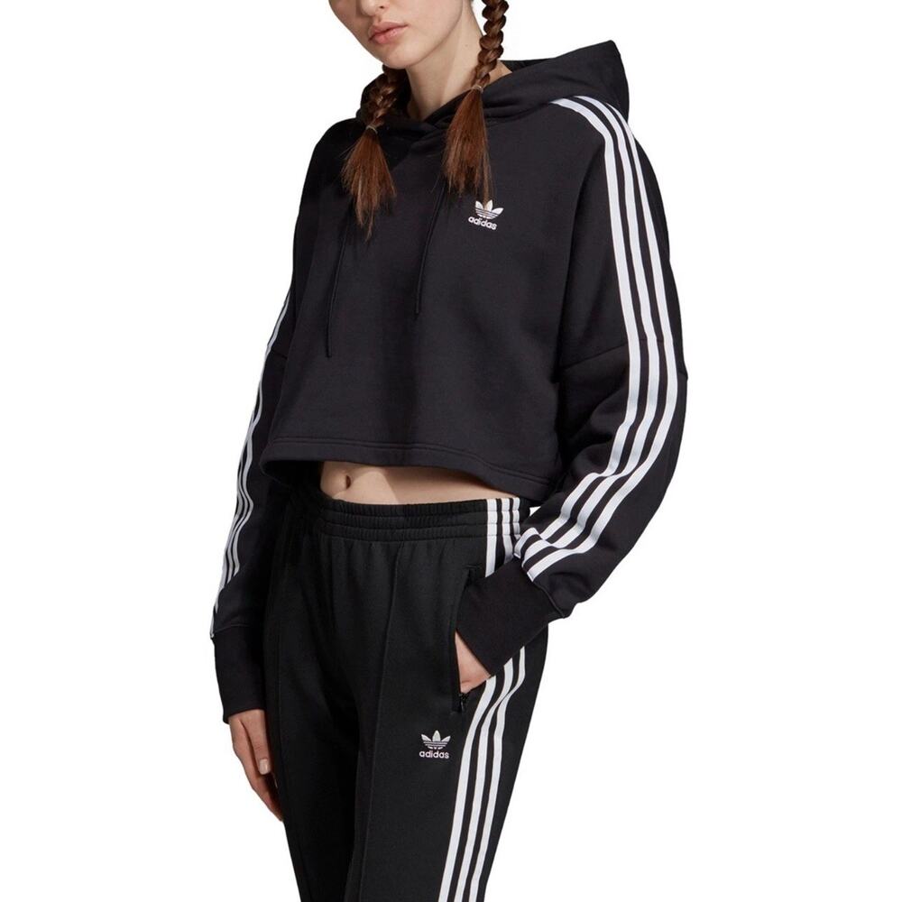 Adidas Sweatshirt Womens Large Crop Hoodie Originals Trefoil logo Black - Picture 2 of 10